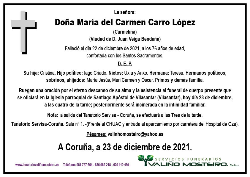 Esquela de María del Carmen Carro López.